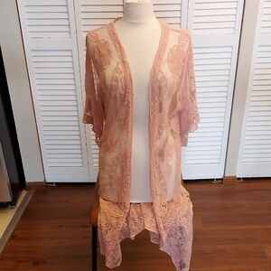 Sheer Pink Lace Kimono Cardigan